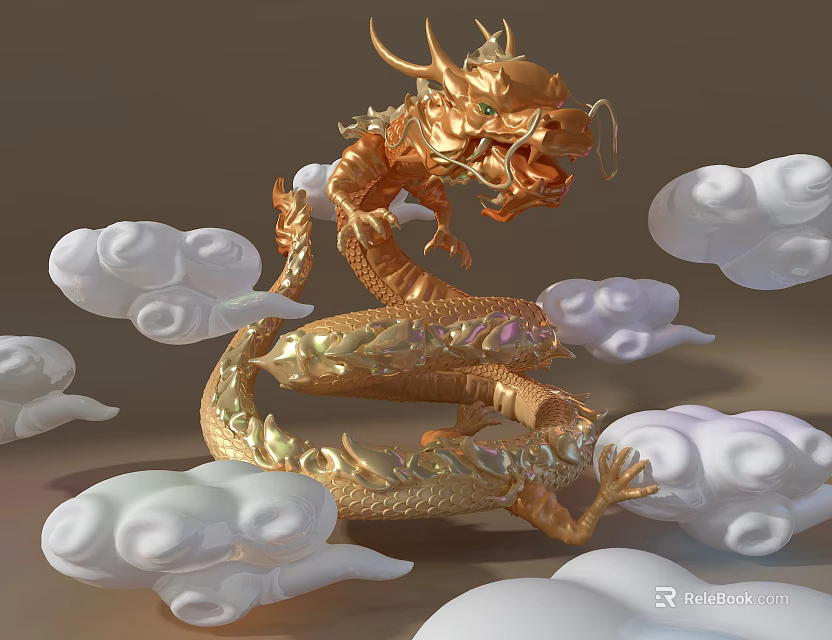 Exquisite Golden Dragon Sculpture With Intricate Details And White Cloud Decorations 3d model 
