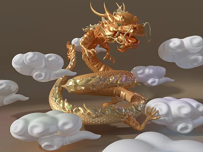 Exquisite Golden Dragon Sculpture With Intricate Details And White Cloud Decorations 3d model