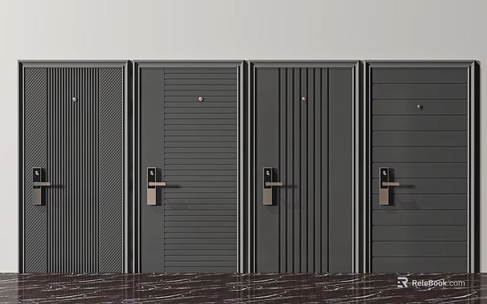 Dark Colored Security Doors With Multiple Patterns And Metal Handles For Home Entry 3d model 