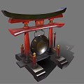 Traditional Chinese Memorial Archway Red Wooden Structure With Golden Decorations And Hanging Bell