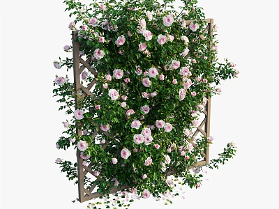 Wooden Fence Covered with Dense Pink Flowers and Green Vines 3d model