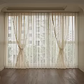 Light Sheer Curtains Tied at Room Window with Building Trees Outside and Wooden Floor