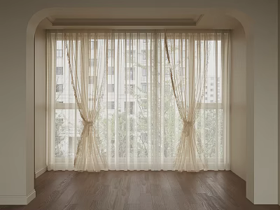 Light Sheer Curtains Tied at Room Window with Building Trees Outside and Wooden Floor 3d model