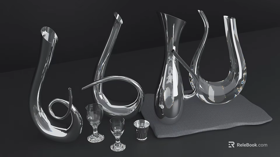 Elegant Transparent Glass Wine Decanters And Wine Glasses On Dark Tabletop 3d model 