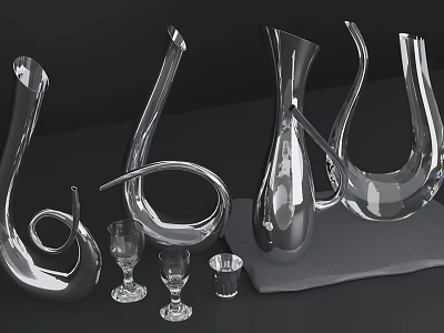 Elegant Transparent Glass Wine Decanters And Wine Glasses On Dark Tabletop 3d model