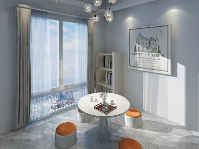 Cozy Lounge Room With Round Table Orange Stools Bookshelf And City View 3d model