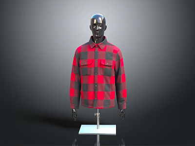 Stylish Red And Black Plaid Collared Shirt On Black Mannequin With Pockets In Gray Background 3d model