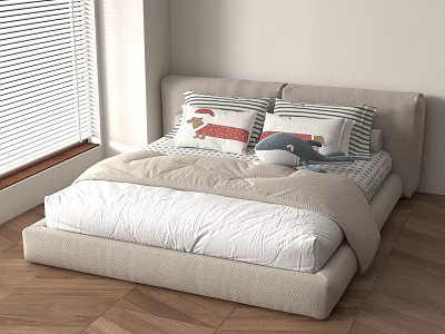 Kids Room Interior With Beige Bed White Bedding Cartoon Pillows Window Blinds And Wooden Floor 3d model