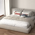 Kids Room Interior With Beige Bed White Bedding Cartoon Pillows Window Blinds And Wooden Floor