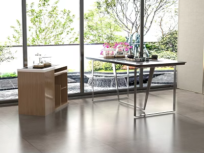 Modern Leisure Area With Large Windows Wooden Table And Metal Chairs 3d model