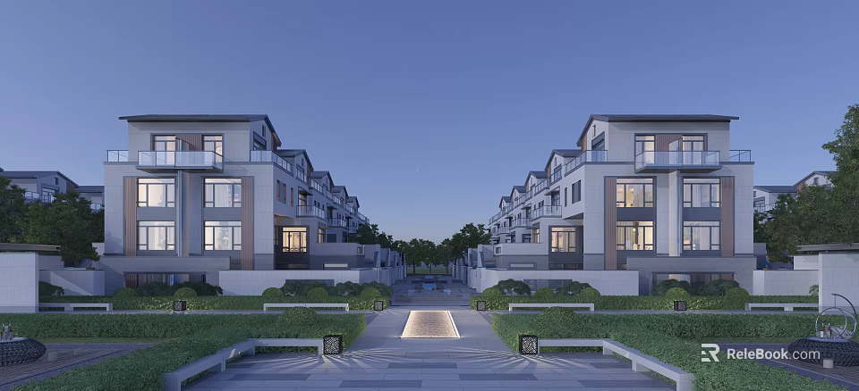 Modern Townhouse Exterior With Symmetrical Architecture Garden Courtyard Landscaped Greenery And Outdoor Lighting 3d model 