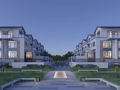 Modern Townhouse Exterior With Symmetrical Architecture Garden Courtyard Landscaped Greenery And Outdoor Lighting 3d model