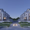 Modern Townhouse Exterior With Symmetrical Architecture Garden Courtyard Landscaped Greenery And Outdoor Lighting
