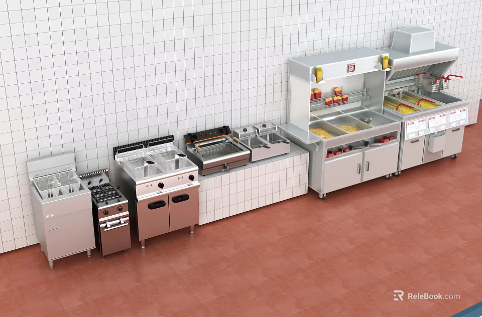 Commercial Stainless Steel Kitchen Equipment With Multiple Cooktops Worktables And Storage Cabinets 3d model 