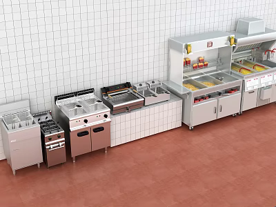 Commercial Stainless Steel Kitchen Equipment With Multiple Cooktops Worktables And Storage Cabinets 3d model