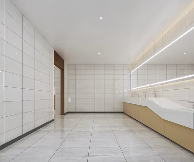 Modern Public Restroom With White Tiles Beige Vanities And Illuminated Mirror 3d model
