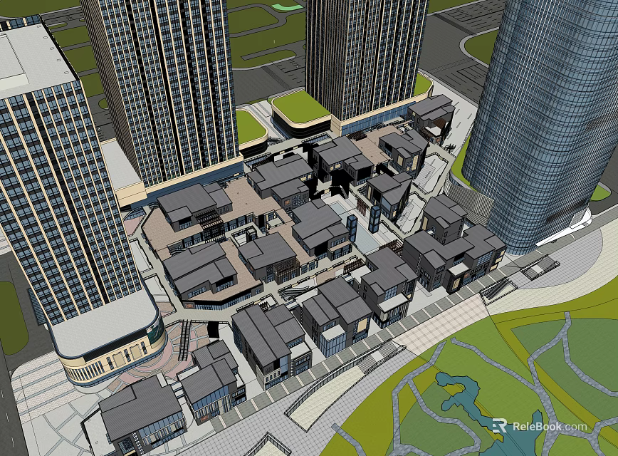 Modern Urban Complex With High Rise Buildings Low Rise Structures And Green Spaces 3d model 