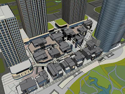 Modern Urban Complex With High Rise Buildings Low Rise Structures And Green Spaces 3d model