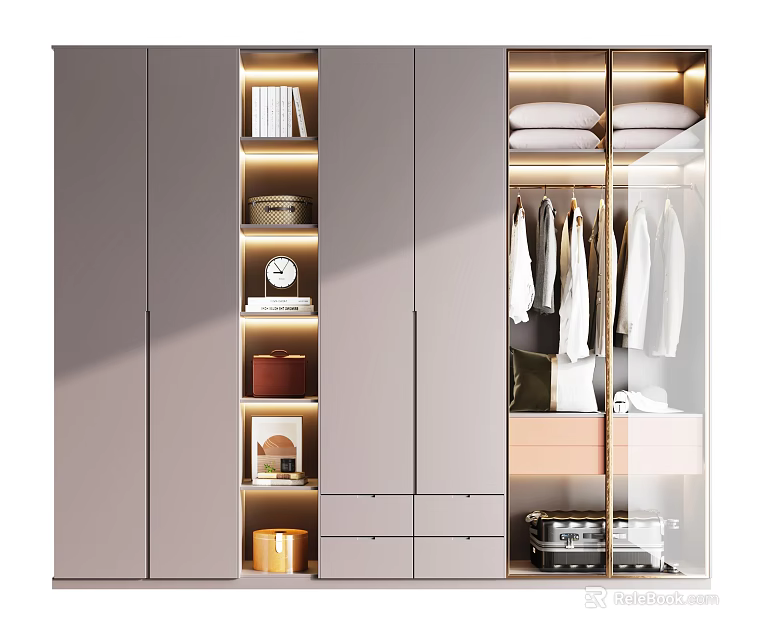 Modern Lighted Wardrobe Interior With Hanging Clothes Folded Linen And Storage Drawers 3d model 