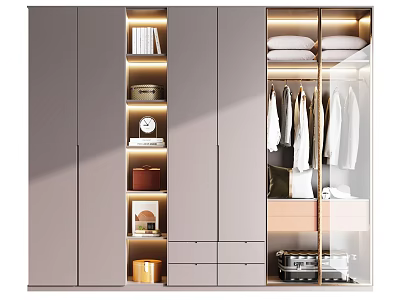 Modern Lighted Wardrobe Interior With Hanging Clothes Folded Linen And Storage Drawers 3d model