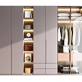 Modern Lighted Wardrobe Interior With Hanging Clothes Folded Linen And Storage Drawers