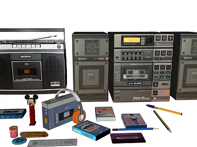 Vintage Electronic Devices Collection With Cassette Tapes Headphones Pencils And Figurines 3d model