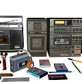Vintage Electronic Devices Collection With Cassette Tapes Headphones Pencils And Figurines