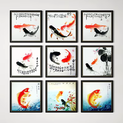Chinese Traditional Ink Paintings of Koi Fish with Lotus and Calligraphy for Wall Decor 3d model