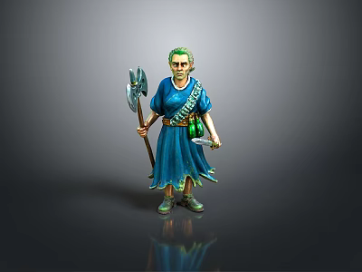 Man In Blue Robe With Green Hair Holding Axe And Decorative Belt 3d model