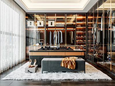 Modern Elegant Walk in Closet Interior with Glass Doors Wardrobes Bench Clothes and Shoes 3d model