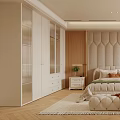 Warm Beige Bedroom Interior With Tufted Headboard White Nightstands String Lights And Potted Plant
