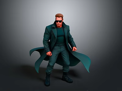 Man Standing In Green Trench Coat And Sunglasses Against Gray Background 3d model