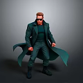 Man Standing In Green Trench Coat And Sunglasses Against Gray Background