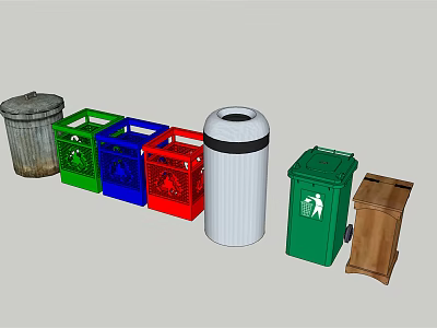 Public Facility Various Colored Trash Bins With Lids And Wheeled Types 3d model