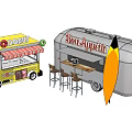 Yellow Donut Truck and Silver Bon Appetit Food Truck With Bar Stools and Surfboard