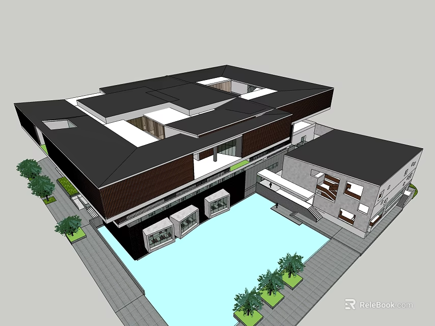 Modern Contemporary House With Black Roof Central Pool And Surrounding Greenery 3d model 