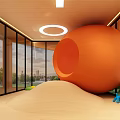 Colorful Children's Indoor Play Area Featuring Orange Sphere Yellow Slide Wooden Floor And Large Windows