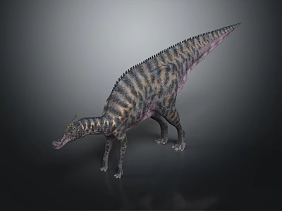 Realistic 3D Rendered Dinosaur With Spiked Back And Striped Pattern On Gray Background 3d model