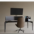 Modern Minimalist Black Desk with Dual Monitors and Wooden Office Chair