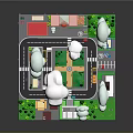 Cartoon City Scene With Streets Buildings Park Areas Green Trees And Floating Clouds