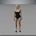 Blonde Woman in Black Bodysuit Standing Against Gray Background with Black High Heels