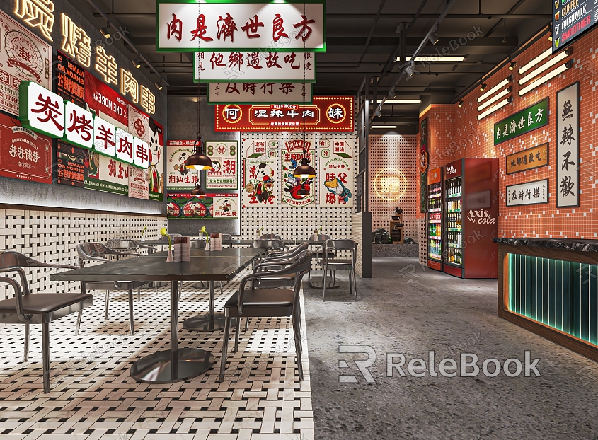 Retro Restaurant Tea Restaurant Fast Food Restaurant Food Stall Neon Light Bar Table and Chair model