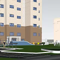 Residential Landscape Design with Apartment Buildings Lush Green Trees Open Lawn and People Walking Path