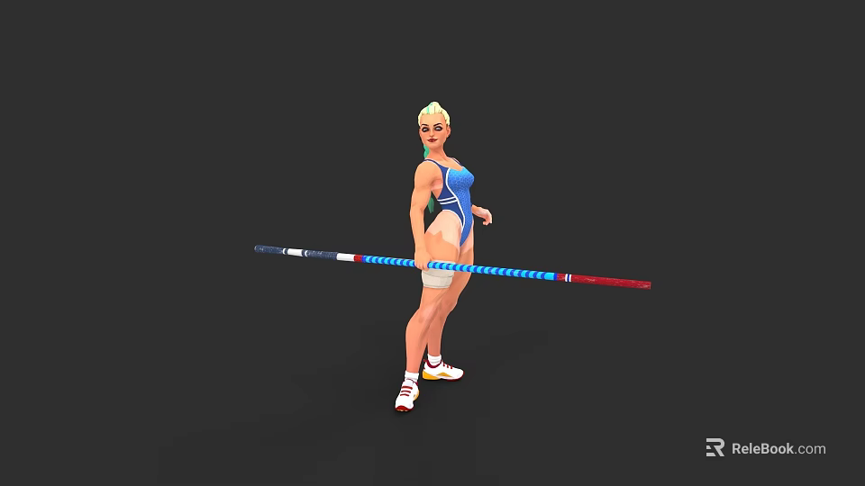 Female Pole Vaulter in Blue Leotard Holding Colorful Pole Ready to Jump 3d model 