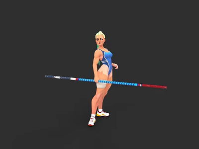Female Pole Vaulter in Blue Leotard Holding Colorful Pole Ready to Jump 3d model