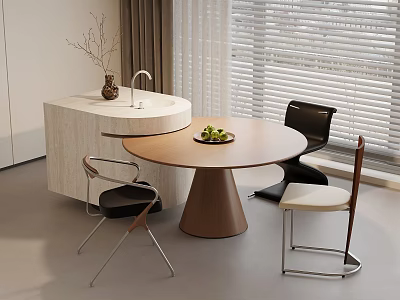 Modern Round Wooden Dining Table Set With Three Chairs Green Plant And White Curved Sideboard 3d model