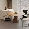 Modern Round Wooden Dining Table Set With Three Chairs Green Plant And White Curved Sideboard