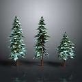 Three Evergreen Arbor Trees With Green Canopies And Brown Trunks On Gray Background