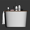 Modern White Bathtub With Wooden Tray Bottles Glass And Hanging White Towel