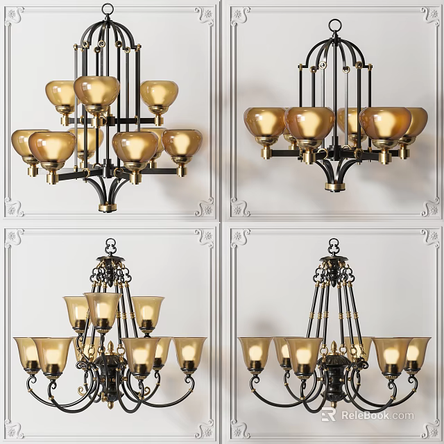 Elegant Classic Chandelier with Golden Lamp Shades Black Metal Frame and Multiple Arms 3d model 